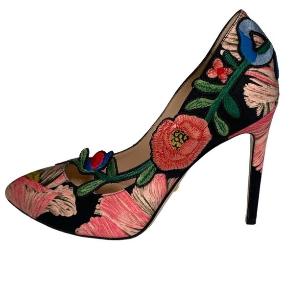 GUCCI Ophelia Embroidered Flower Heels‎ Size 37.5 Cloth EUC Floral - Picture 1 of 12